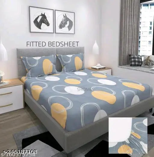 Elastic cotton double bedsheet with geometric pattern & 2 pillow covers, soft & durable microfiber for summer comfort