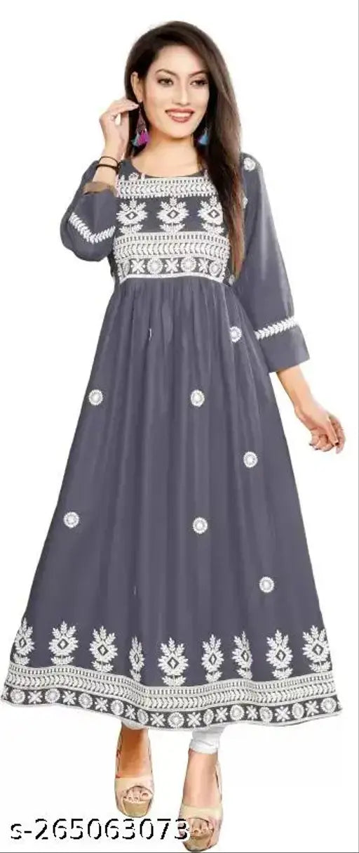 Embroidered rayon kurti for women, three-quarter sleeve, Indian embroidery design - KUNJAL Women's size S to XXXL
