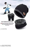 Trendy black woolen beanie cap with neck warmer & cotton gloves for extra winter protection - unisize