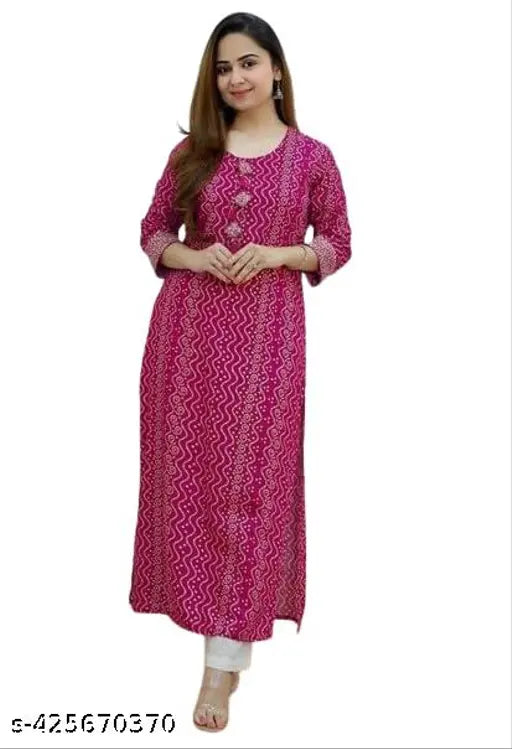 Rayon Pink Bandhani Kurta, three-quarter sleeves, fancy printed design, Indian ethnic wear on mannequin