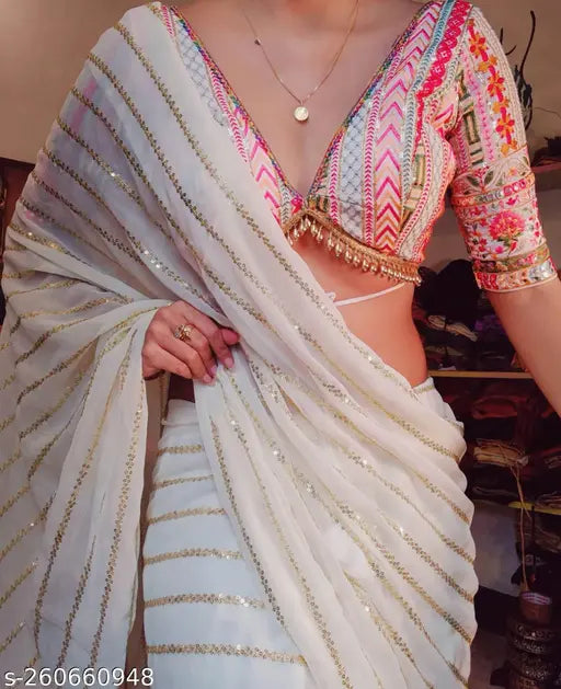 Embellished Georgette saree with satin silk blouse, Indian embroidered sequin work on free size outfit