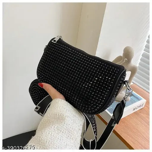 White & black canvas and leather mini rhinestone sling bag with coin purse. Embellished design, ideal for parties or weddings." (94 characters)