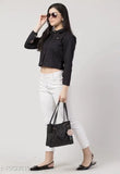 Solid women's denim jacket, three-quarter sleeves, India-made solid denim apparel