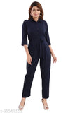 Crepe solid-color regular-fit open collar jumpsuit, three-quarter sleeves for casual wear