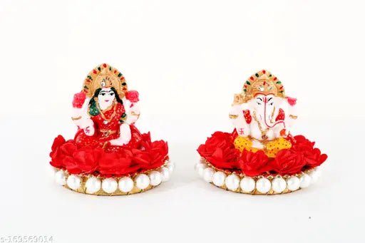 Marble Ganesh Laxmi Idol pair, intricately painted for Diwali Pooja decor, 9 cm x 9 cm x 9 cm each