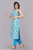 Rayon printed kurta and palazzos set, vibrant Indian women's fashion with sleeveless kurta and matching bottomwear
