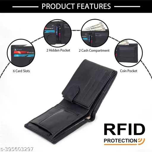 Redcutter men's leather wallet, genuine branded black leather with 3 compartments, RFID blocking for added security