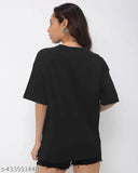 Trendy cotton blend printed oversized round neck t-shirt for women and girls, featuring short sleeves and a vibrant pattern. Available in sizes XS to XL