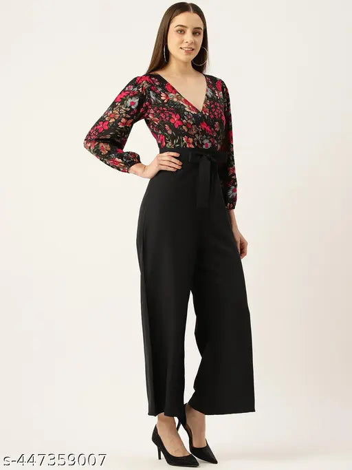 Floral printed polyester VNeck basic jumpsuit with waist tie-ups, black and red floral print, three-quarter sleeves