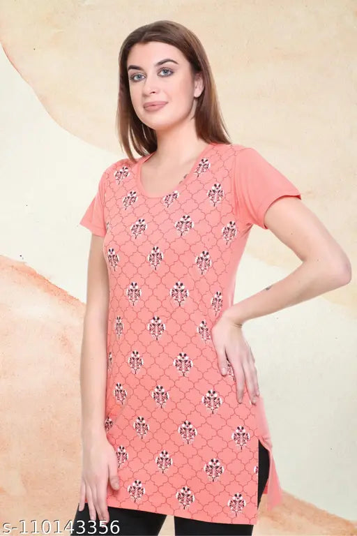 Indian-made, cotton blend longline tunic top with side slits & pockets in printed net design, ideal for casual and summer wear