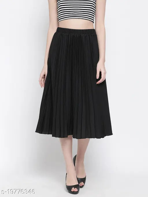 Black polyester skirt by Oxolloxo, solid color, regular fit for women