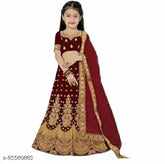 Embroidered satin lehenga choli set, net dupatta, Indian children's partywear