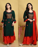 Latest rayon kurta sharara set with mirrored embroidery, three-quarter sleeves, and matching bottomwear for women, size S-XXXXL (India origin)