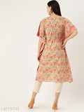 Green and Pink Cotton Kaftan Kurti, three-quarter sleeve, solid combo, Indian cotton fashion