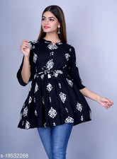 Rayon three-quarter sleeve printed combo Adrika fashionable kurti, featuring single sizes S and M for bust 36" and 38". Indian fashion wear on hanger