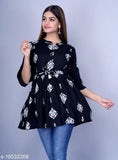 Rayon three-quarter sleeve printed combo Adrika fashionable kurti, featuring single sizes S and M for bust 36" and 38". Indian fashion wear on hanger