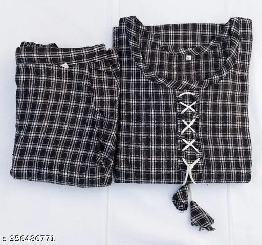 Black woolen kurti pant set for women, checkered pattern, three-quarter sleeves, pocket in pants, India origin