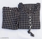 Black woolen kurti pant set for women, checkered pattern, three-quarter sleeves, pocket in pants, India origin