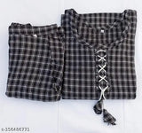 Black woolen kurti pant set for women, checkered pattern, three-quarter sleeves, pocket in pants, India origin