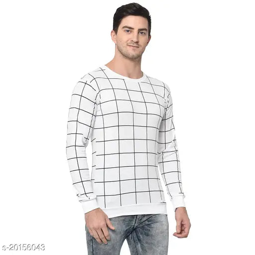 Vimal Jonney men's white cotton blend long sleeve round t-shirt with windowpane checks pattern - Indian made