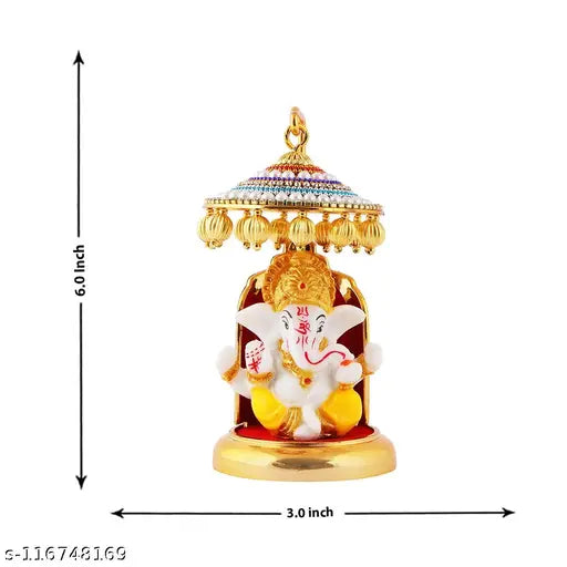 Marble & polyresin Ganesh idol statue with gold-plated umbrella chatri, exudes elegance for car dashboard or home decor
