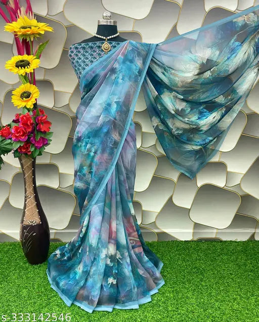 Georgette silk saree with printed blouse, daily wear for women under $300
