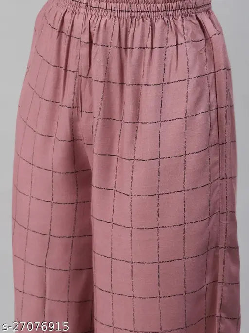 Trendy pink rayon women's kurta set with matching palazzo, printed calf-length straight fit in Mandarin collar neck, regular sleeves style