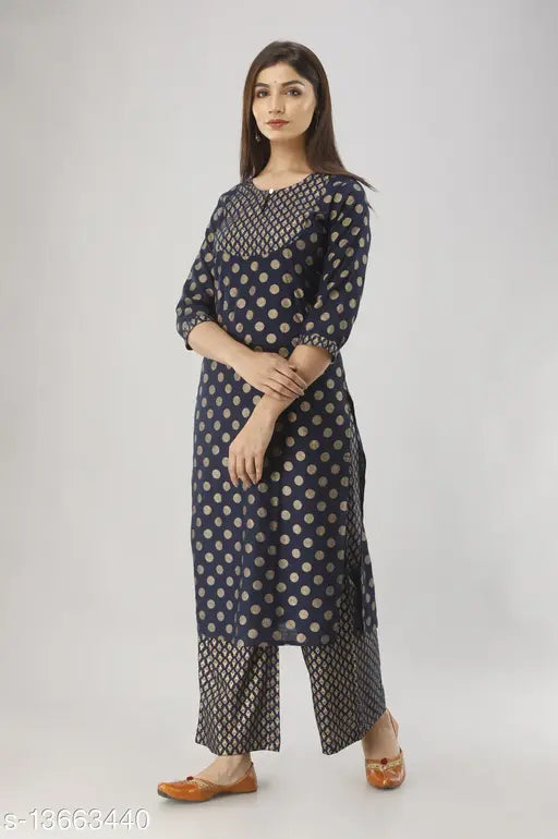 Rayon Slub Gold Panel Printed Kurti with Palazzo, Indian fashion in rayon slub fabric and three-quarter sleeves