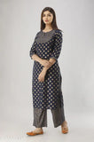 Rayon Slub Gold Panel Printed Kurti with Palazzo, Indian fashion in rayon slub fabric and three-quarter sleeves