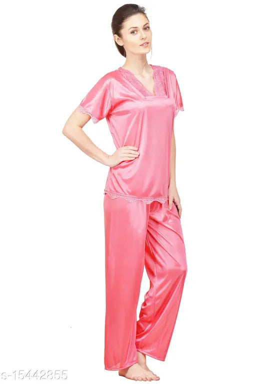 Pink silky satin pyjama set, free size solid pattern sleepwear