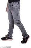 Comfortable grey knit cotton jeans for men, ideal for party/casual wear. Solid design in sizes 28, 30, 34, 36 (waist 28-36, length 41 in). Made in India