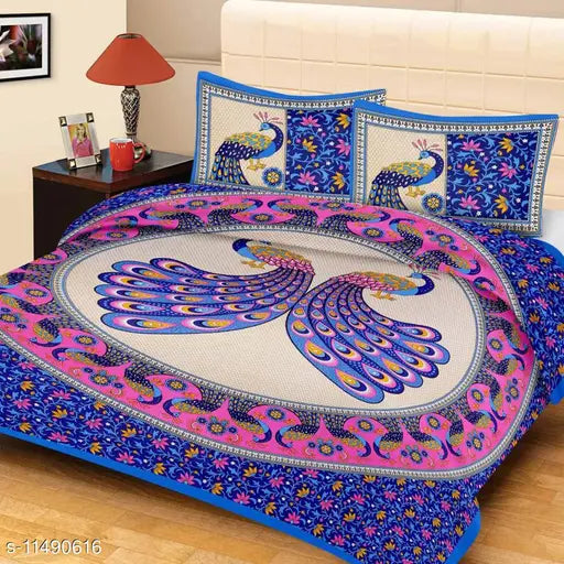 Cotton Jaipuri double bed sheets & pillow covers (4 pieces), high-quality Indian bed linen for queen size beds