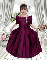 Stylish solid purple silk blend printed net gown dress for girls, short sleeves, 3-4 years size