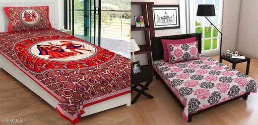 Trendy cotton 85 x 59 combo single bedsheets, pack of 2 with 2 pillow covers, 140 thread count, made in India