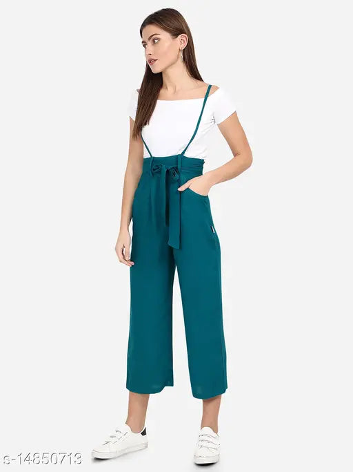 Stylish rayon sleeveless dungaree jumpsuit, solid color design, fashionable Indian apparel