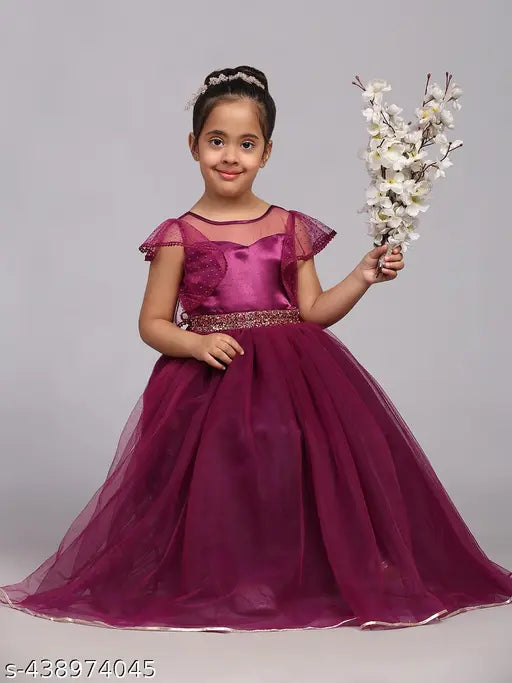 Purple net embroidered party dress for kids, suitable for ages 1-14 years