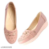 Pink synthetic ballerinas with buckle detail, available in sizes IND-5, IND-7, IND-8. Made in India