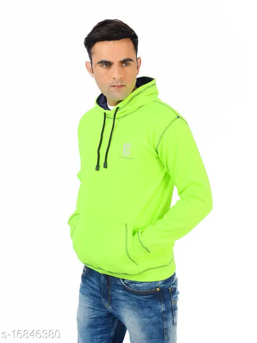 Neon green cotton blend sweatshirt, full sleeve with kangaroo pocket and hoodie for men - CKHD03-02, solid style on display