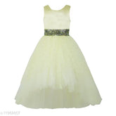 Lemon yellow net dress for kids party wear, embellished with toy balloon motif, sleeveless and size 2-3 years