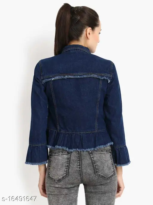 Denim waistcoat for women, solid pattern, classy designer jacket with long sleeves