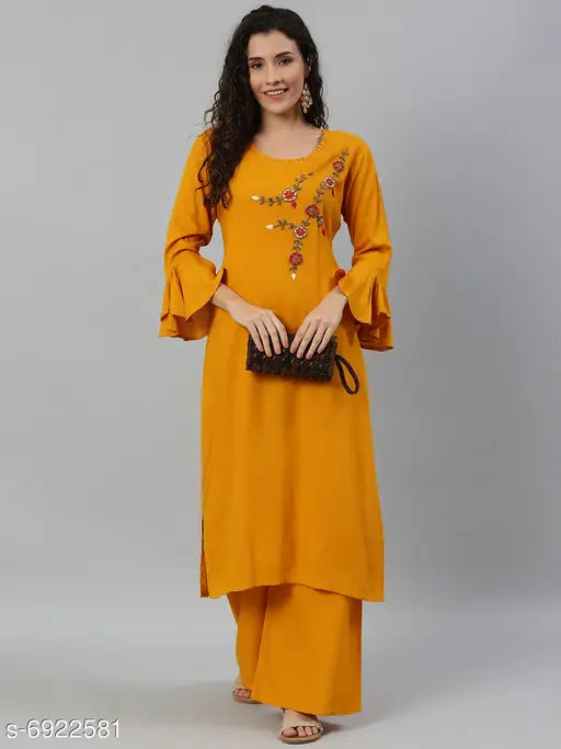 Women's rayon solid long kurti with palazzos, vibrant ethnic Indian wear for women