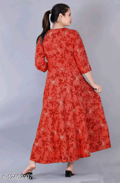 Red printed rayon Anarkali kurti, three-quarter sleeves, women's traditional Indian fashion