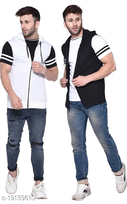 Colorblocked cotton blend hoodie, half-sleeve t-shirt with attached hood, available in sizes S-XL