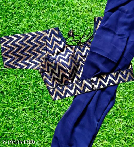 Krishna Blue Georgette saree with matching jacquard stitched blouse, solid pattern, free size, India origin