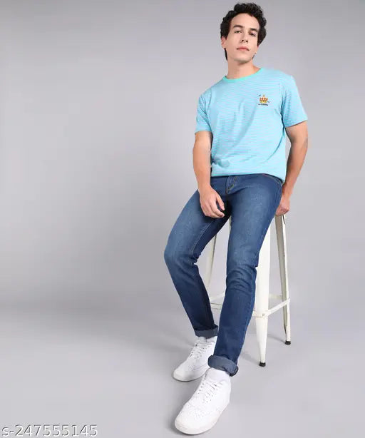 Dark blue cotton blend slim fit jeans, Inspire brand, medium wash, 5-pocket design with belt loops, perfect for casual outings