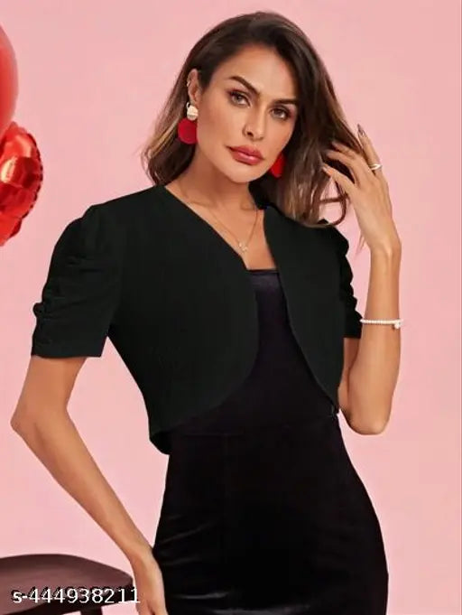 Classy pink polyester puff sleeve short jacket, solid color, V neck, asymmetrical hem for women