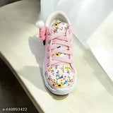 Multicolor synthetic leather shoes for kids, ideal for sports, walking, running, casual wear. Pink, lace-up design with rubber sole, perfect for active play or school