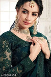 Green embroidered net lehenga set, semi-stitched Indian bridal wear featuring heavy cotted chain and zari with stonework