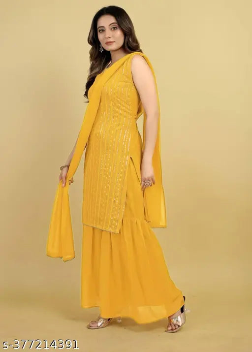 Georgette embroidered kurta with dupatta and bottomwear, perfect fit for all seasons, women's everyday wear
