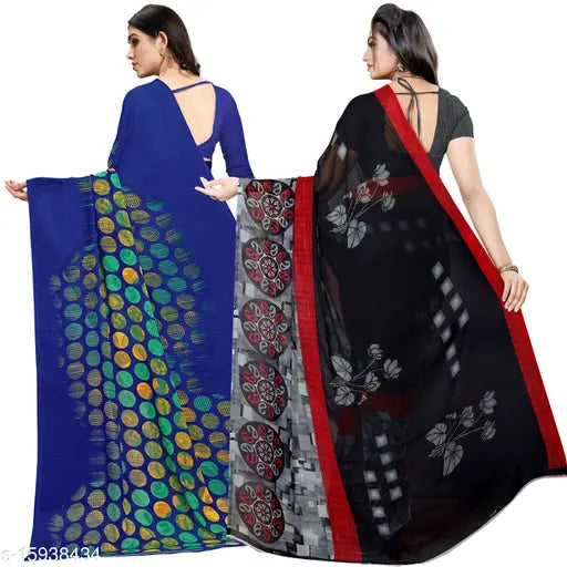 Indian Anand Georgette saree set (2 pack), printed daily wear with free-size running blouses